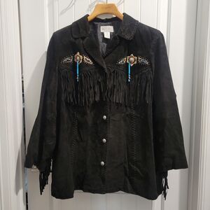 Via Accenti Black Suede Leather Beaded Fringe Southwestern Jacket size 20W Boho